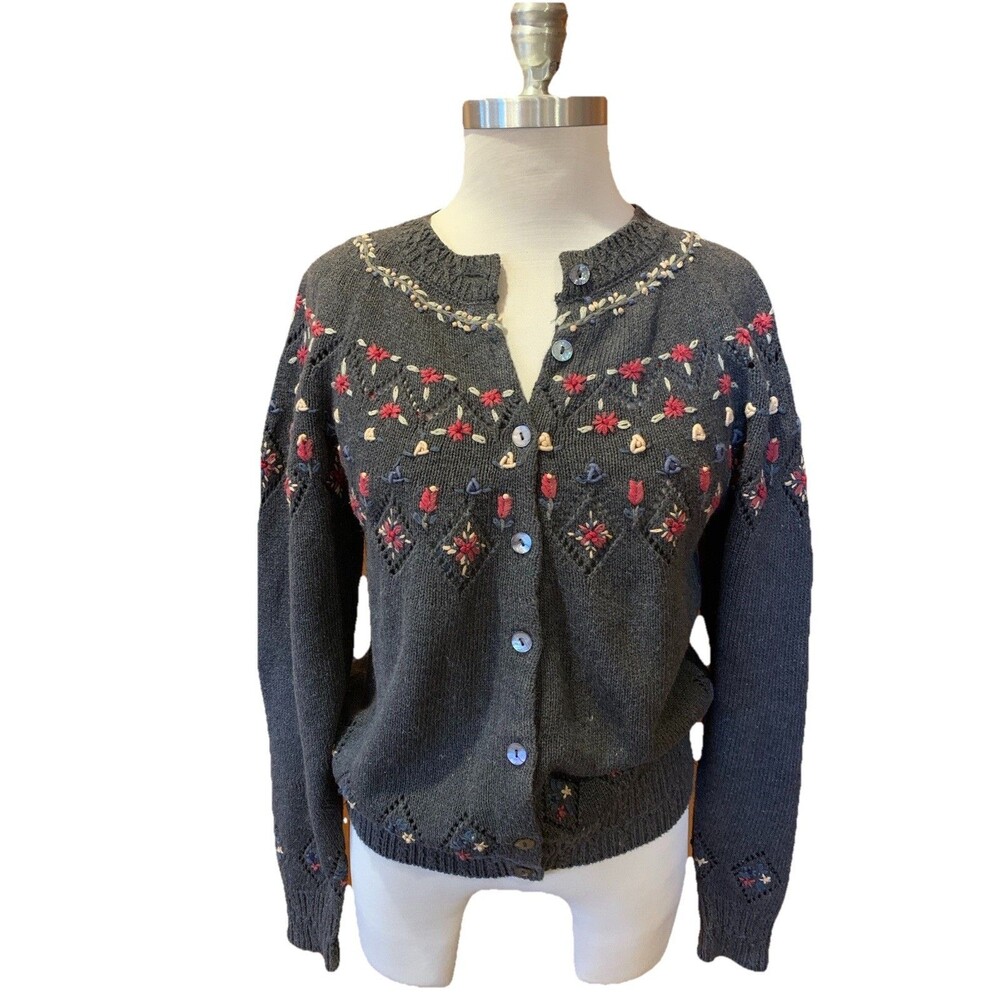 Vintage Y2K Hand Embroidered Knit Sweater Cardigan Cottagecore Gray  Sz Medium